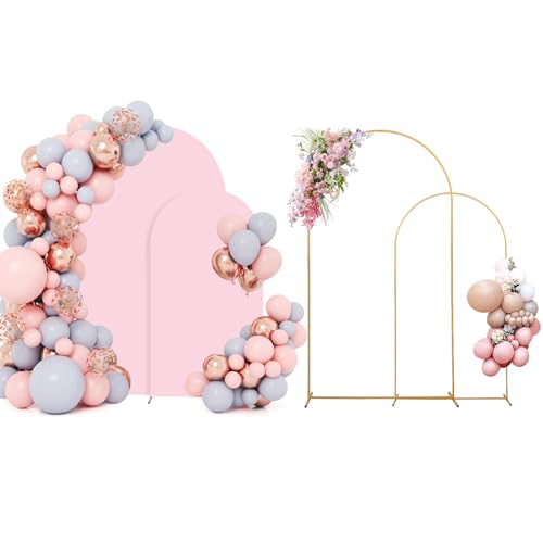 SuuWoee Metal Arch Backdrop Stand Set of 2 With Pink Cover (7.2FT+6FT) Gold Wedding Arch Stand Balloon Arched for Birthday Party Baby Shower Graduation Ceremony Decoration by SuuWoee - Used condition - US$69.59
