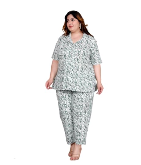 Image of Printed Shirt Style Cotton Night Suit for Women with Extra Plus Size