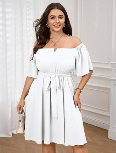 Image of SCOMCHIC Womens Plus Size Cocktail Dress Summer Off Shoulder Short Sleeve Flowy Ruffle A-Line Cute Mini Dress with Belt