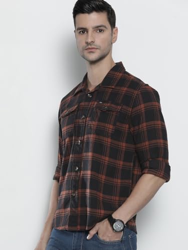 Image of The Indian Garage Co Men Regular Fit Checkered Full Sleeves Spread Collar Double Flap Pocket Casual Over Shirt