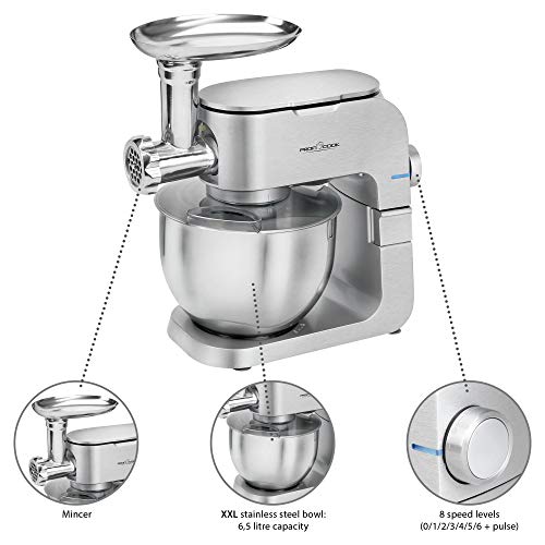 ProfiCook PC-KM 1151 2in1 Multi-Küchenmaschine und Fleischwolf mit Alu-Druckguss-Gehäuse, 8 Geschwindigkeitsstufen, 6,5 L Edelstahlschüssel, umfangreiches Zubehör, 1300 W – Bild 3