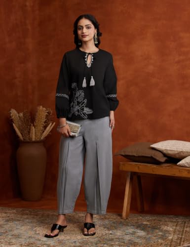 Image of Amazon Brand - Myx Women's Cotton Embroidered Co Ord Set | Short Kurti and Pant Set (Available in Plus Sizes)