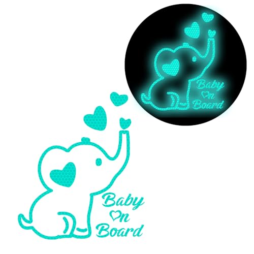 Image of High Intensity Reflective Baby on Board Car Decal Cartoon Cute Elephant Kids on Board Car Sticker Waterproof Safety Warning Decal Baby in Car Sticker (Mint Green)