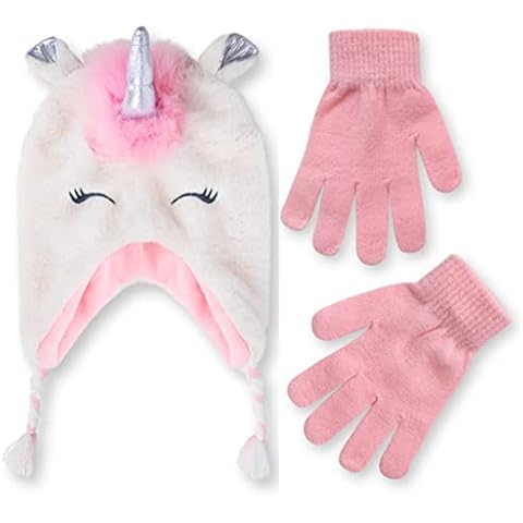 Kids Winter Hat and Kids Gloves Set for Girls & Boys Ages 4-7 Years Old + Ear Flaps Chin Strap (Pink/White Unicorn - Gloves) Cover