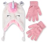 Kids Winter Hat and Kids Gloves Set for Girls & Boys Ages 4-7 Years Old + Ear Flaps Chin Strap (Pink/White Unicorn - Gloves)