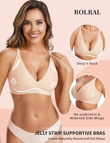 Image of Womens Deep V Wireless Bra No Underwire Seamless Comfort Support Tshirt Push Up Bralette for Everyday /Sleep