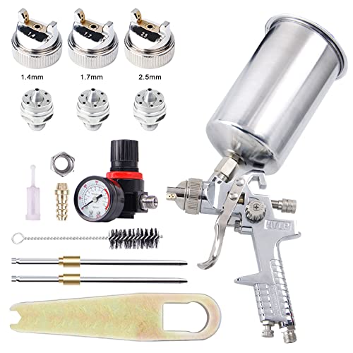 Pindex HVLP Lackierpistole Luftdruck verstellbare Farbspritzpistole Sprühpistol mit 3 Düsen 1,4mm 1,7 mm 2,5mm auswechselbare Düsen & 1000CC Aluminiumbecher Cover