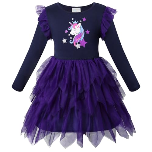 VASCHY Vestidos de Niña, Vestido Manga Larga Vestido Unicornio Princesa Mariposa Sirena Vestidos Ropa Tul Fiesta de Verano Vestido Festivo 2-10 años, Unicornio-CX132, 7T