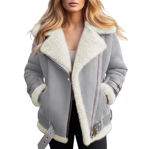 Lederjacke Damen Gefüttert Winterjacke Damen Warm Leder Jacke Damen Winter Ledermantel Frauen Innenfutter Fellkragen Wintermantel Innen Mit Fell Fleece Motorrad Vintage...