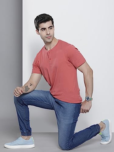 Image of The Indian Garage Co Men Slim Fit Solid Mid-Rise Stretchable Denim Joggers