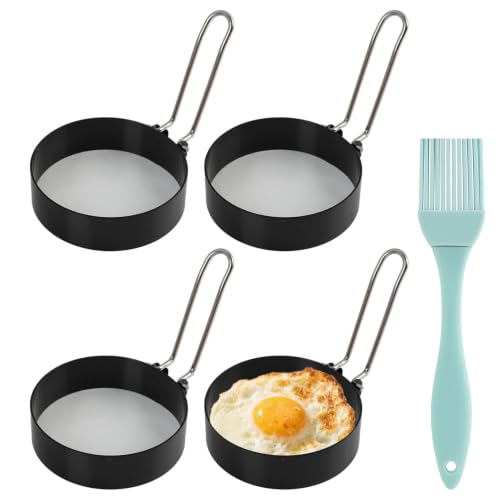 Moules à Œufs 4 Pièces y Brosse à Huile, Anneaux de Cuisson en Inox Antiadhésif 7,5 cm avec Poignée Pliable, Emporte-Pièce Rond pour Œufs au Plat,...