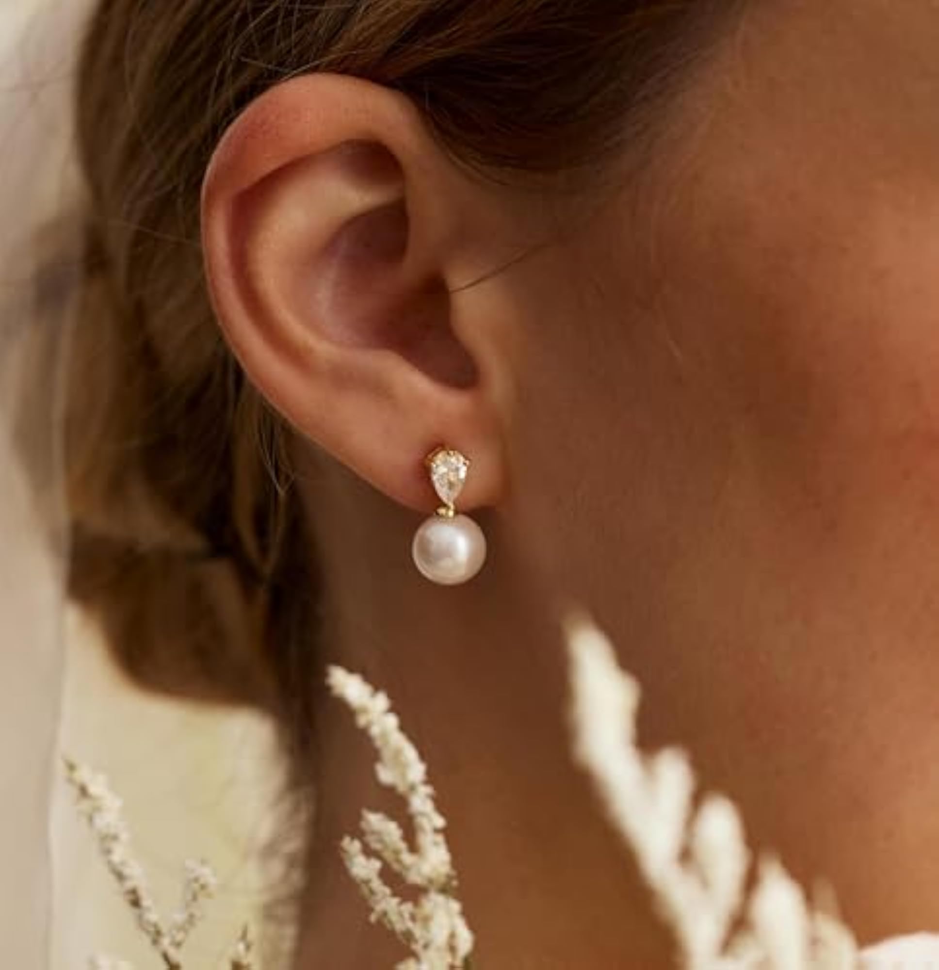 Women's Dainty Pearl Drop Earrings, 14K Gold Pearl Wedding Earrings