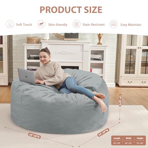 3FT Bean Bag Chair, Comfy Bean Bag Chairs with Memory Foam Filled, Fluffy Beanbag Sofa with Dutch Velvet Cover, Round BeanBag Chairs for Living Room, Playroom - Light Grey