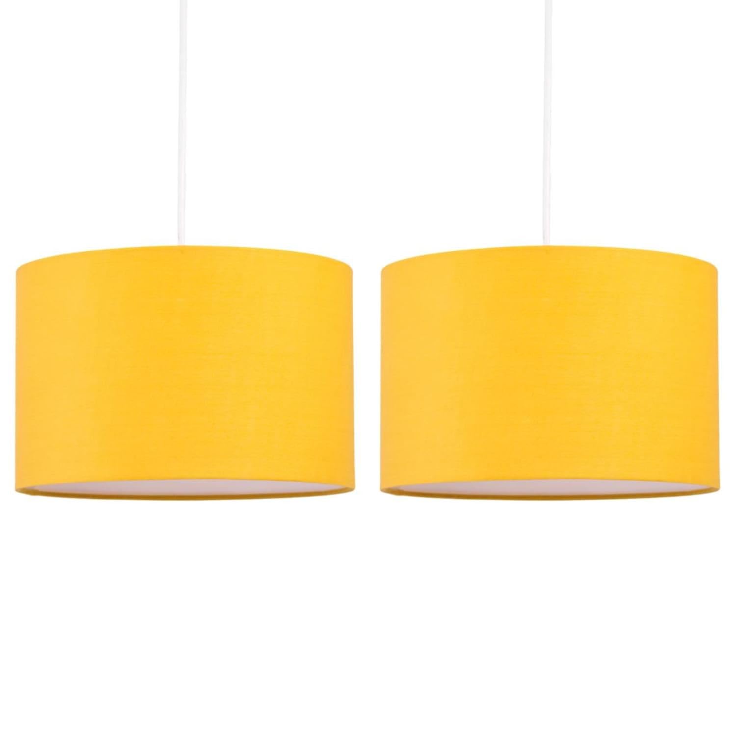 Firstchoicelighting Ochre Set Of 2 Mustard Yellow Ceiling Light Shades Easy Fit Ceiling Lightshade Modern 25Cm Drum Shade Cotton Fabric