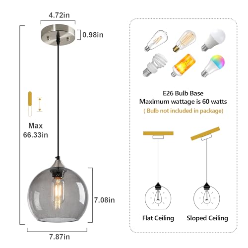 Image of Light Grey Glass Pendant Lights Kitchen Island Lighting Globe Pendant Light Fixtures Modern Pendant Lighting for Bedroom Living Dining Room Light Fixture (7.87 in, 1 Pack)