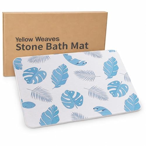 Image of Yellow Weaves Printed Stone Bath Mat, Diatomaceous Earth Shower Mat, Non-Slip Super Absorbent Quick Drying Bathroom, Kitchen Floor Mat, Easy to Clean (45x35 cm-Sandstone) Tropical Leaves, Blue