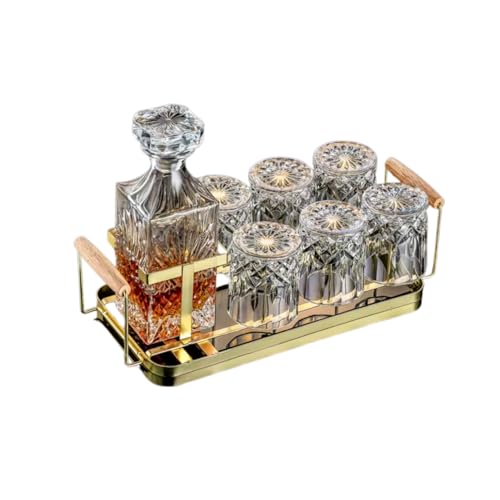 NOVAMART Customised Whiskey Decanter Gift Set – 800ml Glass Decanter with 6 Glasses, Metal Tray & Wooden Box | Premium Glass + Metal + Wood Barware Set for Men, Father’s Day, Anniversary, Groomsmen