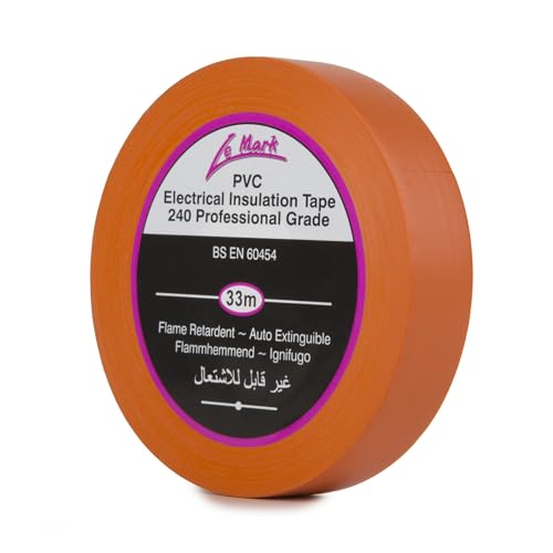 Le Mark Orange PVC Electrical Insulation Tape - 33m x 19mm, Flame Retardant, RoHS & BS EN 60454-2 Compliant, Water & Abrasion Resistant, Easy Unwind & Tear, Professional Grade