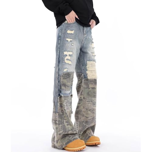 XYGJZ Men's Ripped Slim Fit Straight Leg Jeans Patchwork Camouflage Denim Pants3