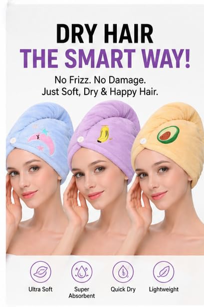 Image of RK Microfibre Hair Drying Towel Wrap, Quick Drying, Soft and Absorbent, Cute Embroidered Design, Button Closure (3)