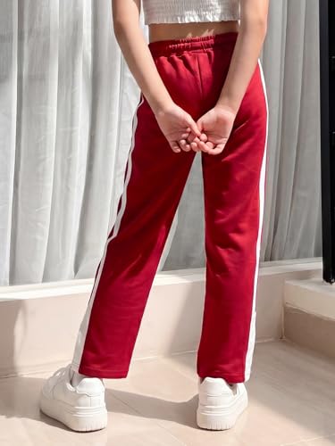 Image of Li'l Tomatoes Girls Cotton Track Pants | Soft & Comfortable Casual Summer Lower for Girls | Elastic Waist with Drawstring Everyday Wear | Side Stripe Straight Fit Trackpant | 9-16 Years |