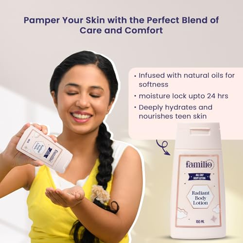 Image of Familio Radiant Body Lotion for kids, teens and adults| Nourishing Body Lotion for winter, dry skin with Natural Oils| Deep Hydration & 24-Hour Moisture Lock | Gentle Skincare for Soft, Smooth, and Glowing Skin | 100 ml