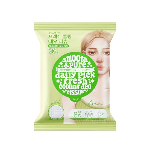 Ariul Smooth & Pure Fresh Cooling Body Deodorant Wipes, Sweat Wipes for Body Odor, Refreshing & Cooling Care, Korean Skincare, Embossed Tissue (20 Sheets)