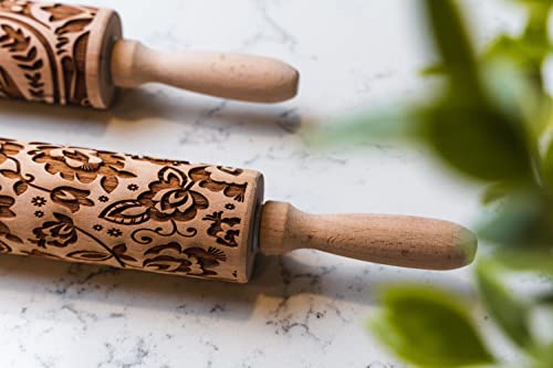 The Ares 3D Embossed Laser Engraved Wooden Rolling Pin Large 17" (Floral) #TOP1