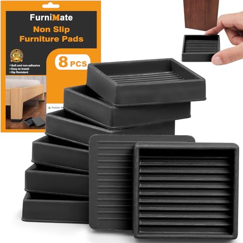 Non Slip Furniture Pads 2 inch 8PCS Couch Bed Stoppers to Prevent Sliding Rubber Feet for Furniture Black Square
