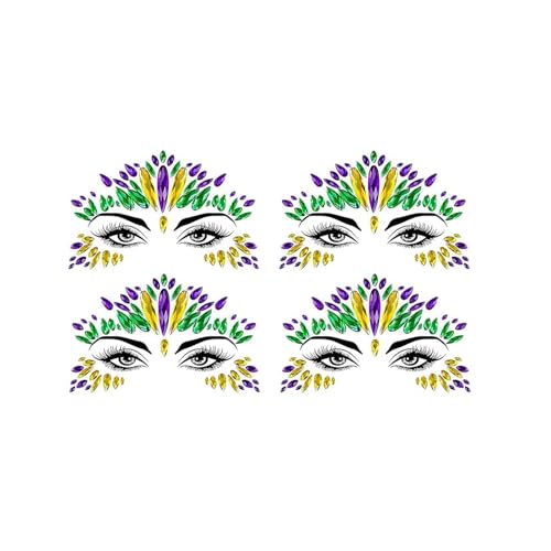 4 Pcs mardi gras Face Jewels Stickers mardi gras Accessories mardi gras Eye Gems Sticker with Glitter Face Crystals Carnival Party Makeup Dress-up Decor