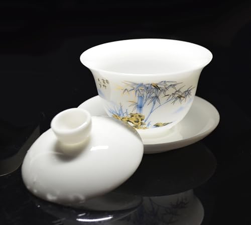Image of Liang baobao Ice Jade White Porcelain Gaiwan,5oz Teacup Suet-fat Jade Porcelain Chinese Tea Cup Set for Gongfu Tea (bamboo)