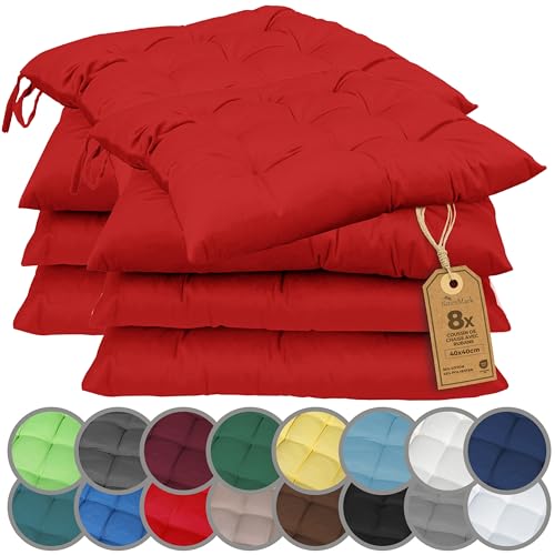 NatureMark Lot de 8 Galettes de Chaises avec Rubans 40x40 cm – Coussin de Chaise Épais pour Intérieur & Jardin – Couleur Rouge