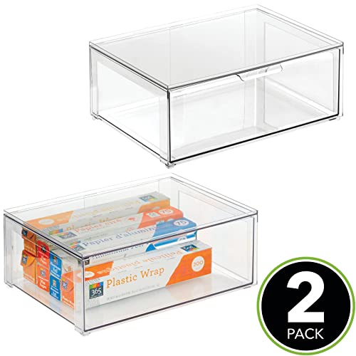 Mdesign Plastic Stackable Kitchen Storage Organizer Bin Containers With Front Pull Drawer For Cabinet, Pantry, Fridge, Freezer, Shelf, Refrigerator Organization - Lumiere Collection - 2 Pack - Clear #TOP1