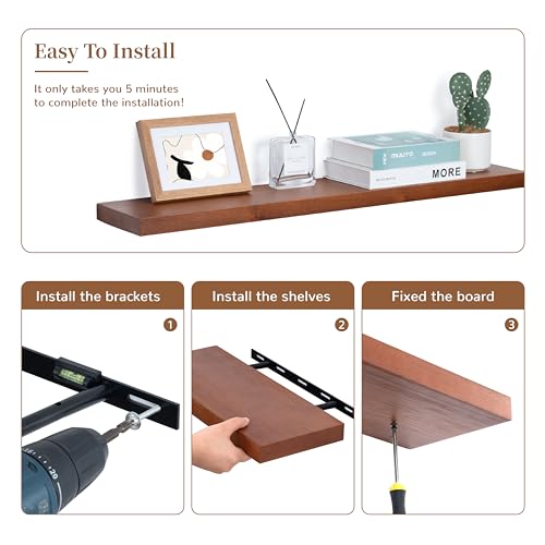 Image of Marsmiles Wood Floating Shelves | 36 Inch Mahogan Wall Shelves Set of 2 | 36 inch W x 6.7 inch D Rustic Wooden Shelves for Bathroom Kitchen Living Room Bedroom