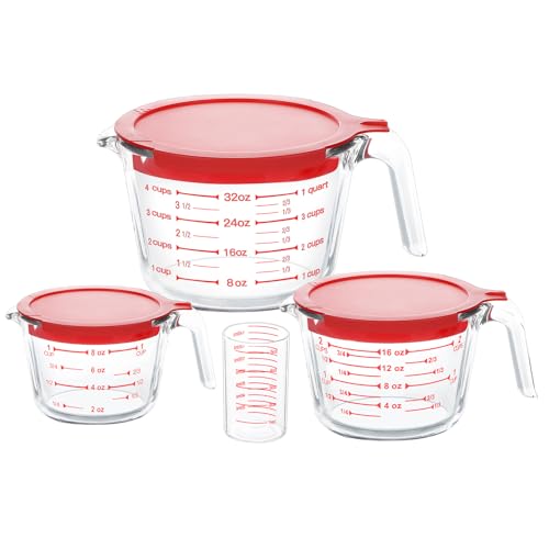 KOMUEE 4 Pack Glass Measuring Cups Set, 5 Oz, 1-Cup, 2-Cup, 4-Cup Liquid Measuring Cups with Lids for Kitchen, Freezer and Microwave Safe by KOMUEE - Used condition - US$20.15