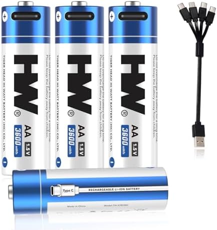 HW Rechargeable Lithium Batteries AA 4 Pack,1.5V 3600mWh Double A Battery with USB-C Cable,1000+ Cycles 2A Batteria for Flashlight/Doorbell/Range Finder/Remote Controls/Game Controllers,etc.