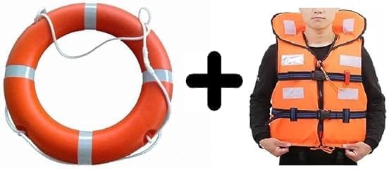 Life Buoy Ring Outer Material Hard PolyurethaneRubber Floating Ring & Life Jacket Polyster Fabric for Adult Safety Jacket Along with Whistle for Swimming, Boating, (Combo Pack)