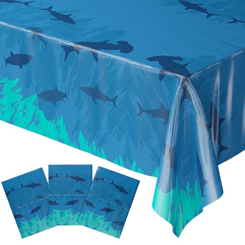 Image of Blue Orchards Shark Table Covers (Pack of 3) - 54 inch x 108 inch XL - Plastic Tablecloths for Birthday, Ocean Theme Decorations, Under the Sea Party Supplies, Sea Animal Party for Kids