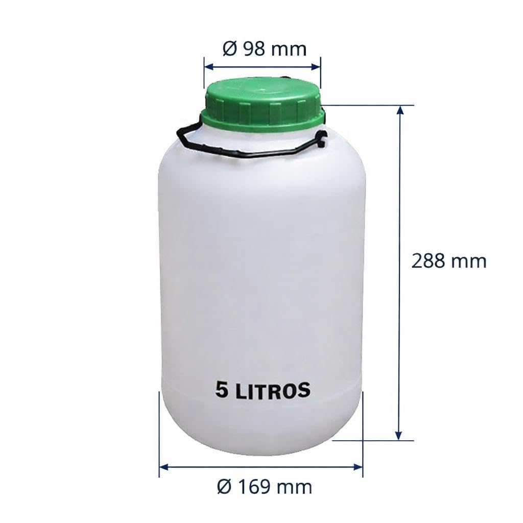 Bidon d'eau 5 l à large goulot | Réservoir d'eau en plastique PEHD | Convient pour un usage alimentaire | Bidon résistant et réutilisable | Conteneur rond avec poignée en plastique et