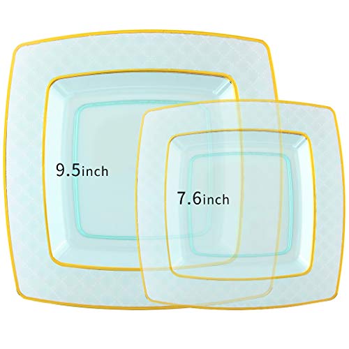 Nervure 150Pcs Clear Green Plastic Plates - Gold Square Plastic Plates Include 25 Dinner Plates, 25 Dessert Plates, 25 Cups, 25Forks, 25Knives, 25Spoons For Party & Wedding #TOP1