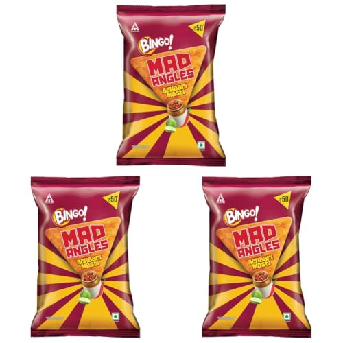 Image of Bingo! Mad Angles Achaari Masti - Desi Mango Pickle Flavour Crunchy Triangle Chips | Tasty Snack for Any Time Cravings, 124.8g /117g(weight May Vary) (Pack of 3)