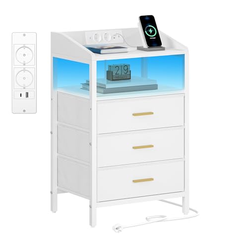 Hzuaneri Table de Chevet avec Éclairage LED, Table d’Appoint avec Multiprise, Table de Nuit avec 3 Tiroirs de Rangement en Tissu, pour Chambre, Salon, Blanc...