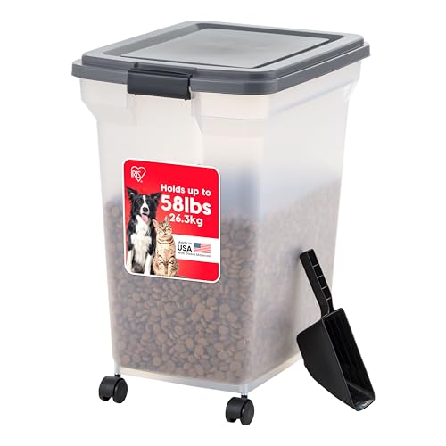 IRIS USA Dog Food Storage Container 58 lbs, Attachable Wheels, & Included Scoop, for Dog Cat Birds and other Pets, Food Storage Bin, Keep Fresh, Easy Mobility, BPA Free - Made in the USA, Dark Gray