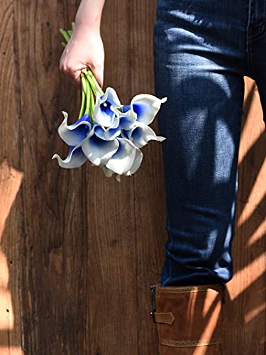 Fiveseasonstuff Real Touch Calla Lily Artificial Flowers Wedding Bridal Bouquet | Floral Arrangements | 15 Calla Lilies (Silk White & Abyss Blue) #TOP3