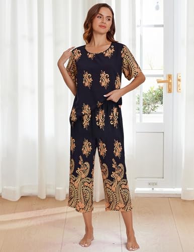Image of Ekouaer Women's Two Piece Lounge Set Short Sleeve Shirt and Capri Pants Mumu Pajama with Pockets Loungewear Pjs Sets S-2XL