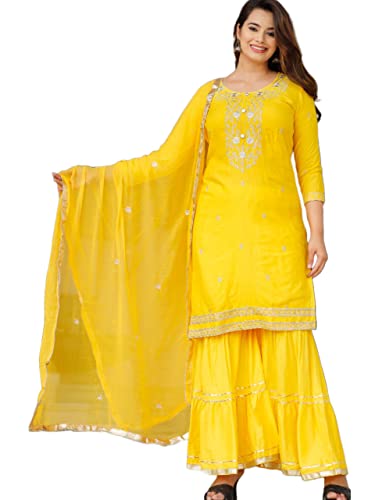 Traditional JaipurKurti à Motif Floral élégant en Coton pour Femmes avec Robe Longue de Travail conçue Robe de soirée (Yellow, Large) Cover