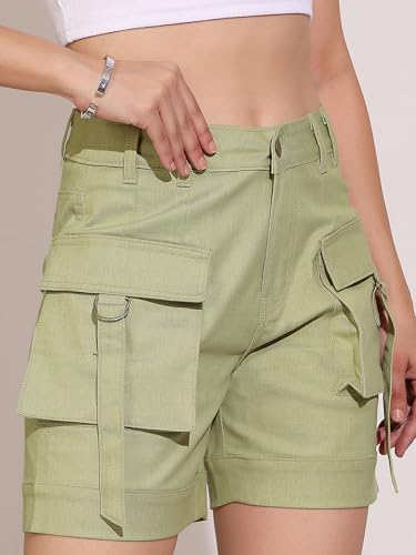 Image of Dolce Crudo Women's Relaxed Fit Mid-Rise Denim Shorts with Adjustable Waist & Frayed Hem