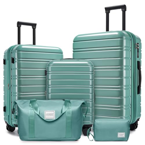 Image of LARVENDER Luggage Sets 5 Piece, PC+ABS Expandable Suitcases with Wheels | Suitcase Set for Women and Men|Checked Luggage|Carry On Luggage|Hardside Lightweight|Glossy Misty Blue