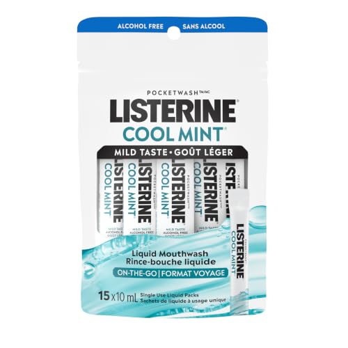 Listerine On-The-Go Alcohol Free Mouthwash Packets, Oral Rinse in Individual Packets Kills Bad Breath Bacteria, Cool Mint Flavor, Travel Size, 15 Pack by Listerine - Used condition - CA$10.71