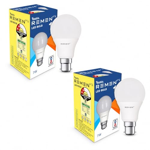Image of REMEN 7W LED Bulb B22 Base Pack of 2 | 6500K Cool Day Light | 735 Lumens | BIS Certified & BEE 2 Star | 105 lm /W High Efficiency | LED Bulb for Home, Bedroom, Kitchen & Office